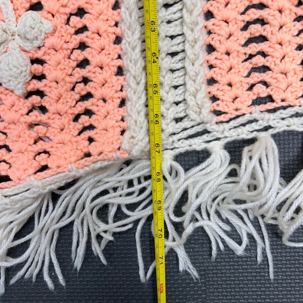 Crochet Throw Blanket 50x67 Peach Cream 3D Floral Rosette Fringe